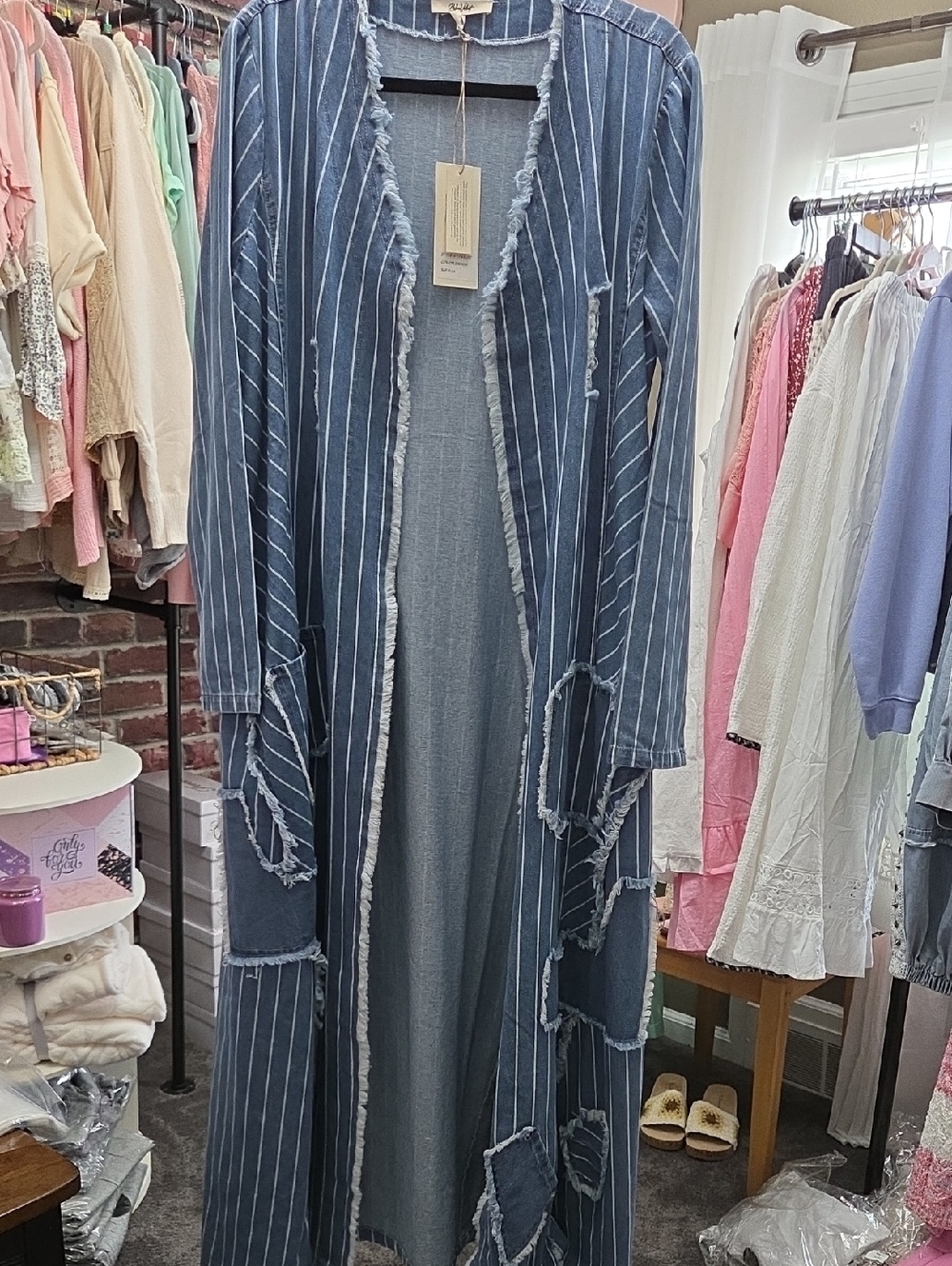 Frayed Edge Blue Striped Long Duster Coat